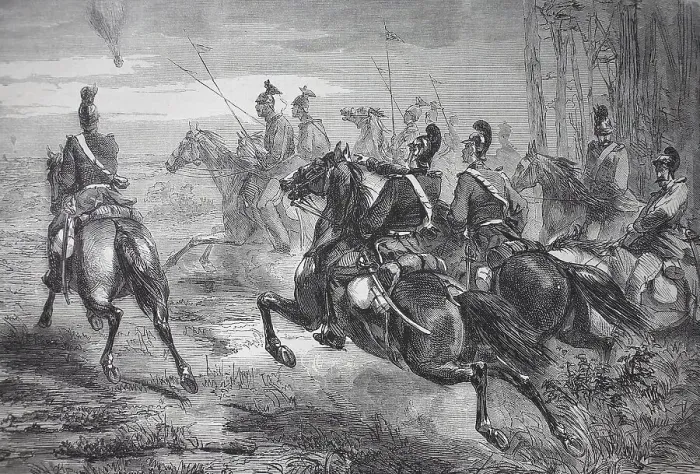 Framed Print : Bavarian chevau legionnaires and Uhlans pursuing a French balloon mail