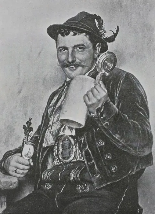 Framed Print : Bavarian man wearing traditional dress and holding a beer mug and a pipe