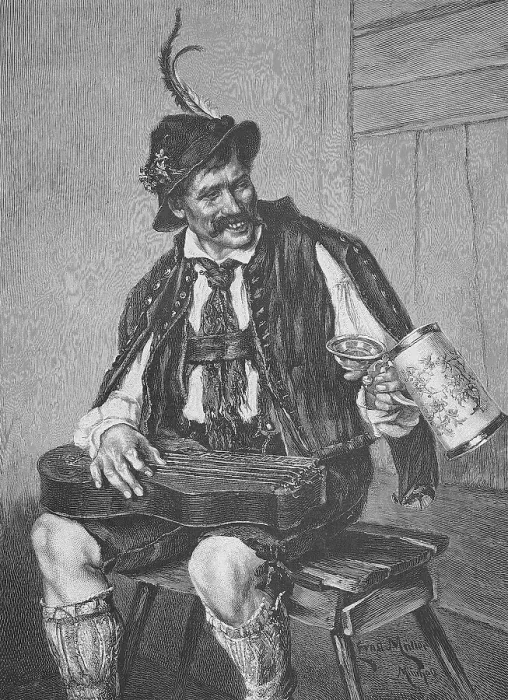 Framed Print : Bavarian musician with zither and beer mug