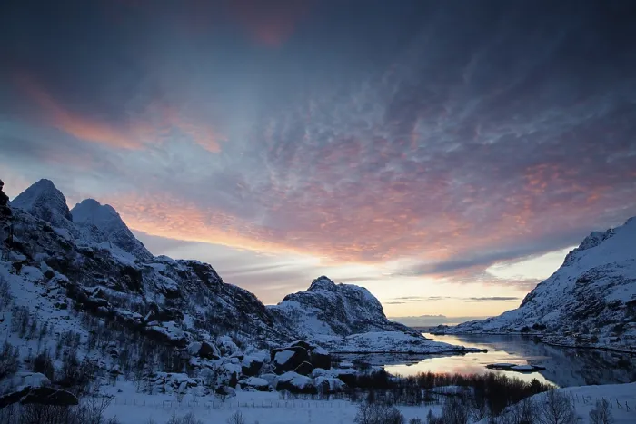 Framed Print : Bay, winter landscape with evening sky Framed Print : Bay, winter landscape with evening sky