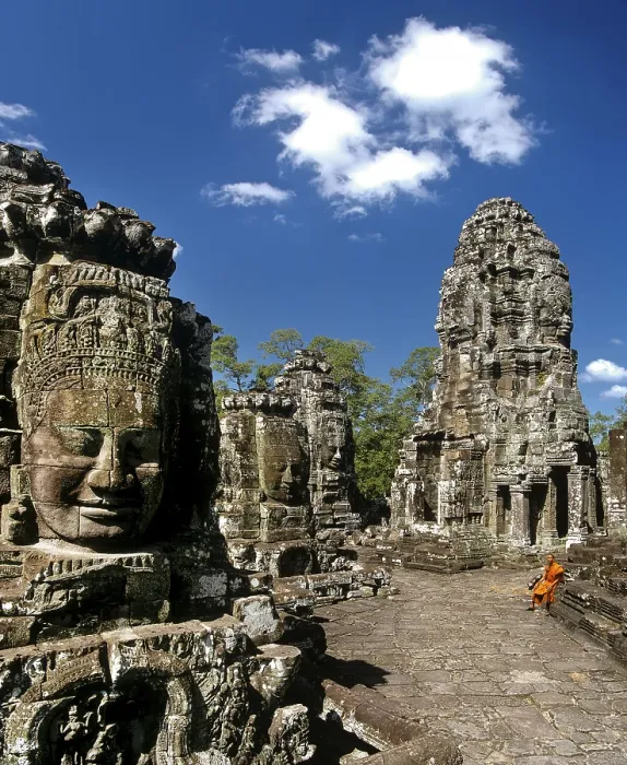 Framed Print : Bayon temple, monk sitting on the second terrace Framed Print : Bayon temple, monk sitting on the second terrace