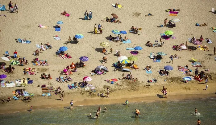 Framed Print : Beach with bathers, La Grande-Motte