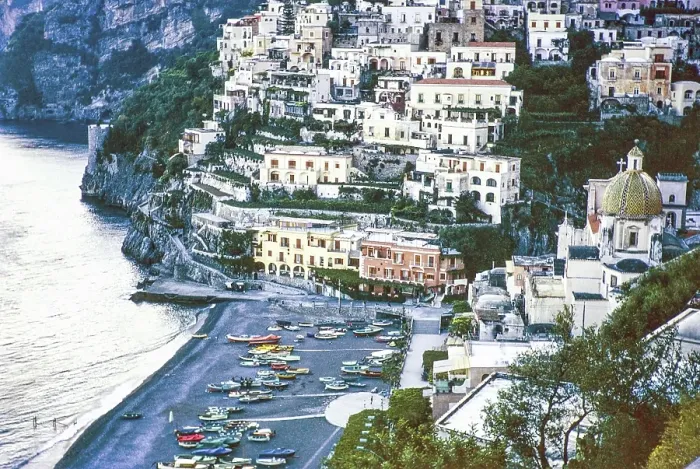Framed Print : Beach and cliffside village of Positano, Amalfi Coast, Salerno, Campania, Italy 1967