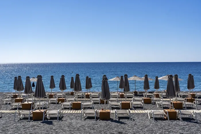Framed Print : Beach, empty, organised, with sun loungers and parasols