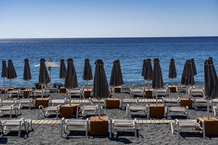 Framed Print : Beach, empty, organised, with sun loungers and parasols