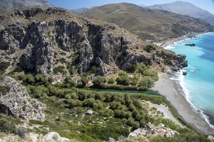 Framed Print : The beach Preveli in the south of Crete with palm trees and clear water; Crete; Greece