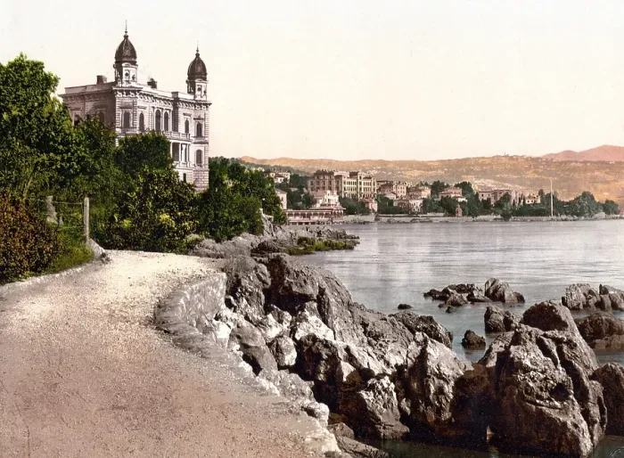 Framed Print : The beach promenade of Abbazia, now Opatija, Istria, Austro-Hungary, Austro-Hungarian Empire, Austrian-Hungarian Monarchy, today Croatia, Historical, around 1900, digitally restored reproduction from a 19th century original