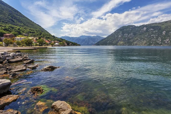 Framed Print : Beach with sea and mountain views. Montenegro