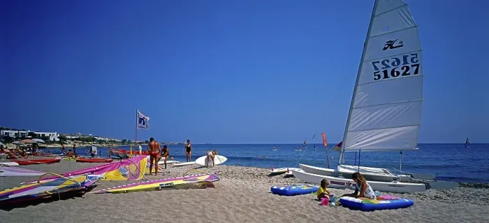 Framed Print : Beach, surf centre, catamaran, Chersonissos, Crete, Greece, Europe Framed Print : Beach, surf centre, catamaran, Chersonissos, Crete, Greece, Europe