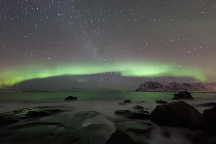Framed Print : Beach of Utakleiv with Aurora Borealis Framed Print : Beach of Utakleiv with Aurora Borealis