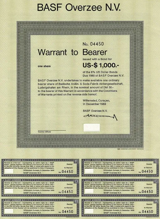 Framed Print : Bearer warrants for shares of BASF Overzee NV Framed Print : Bearer warrants for shares of BASF Overzee NV