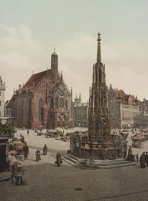 Framed Print : The Beautiful Fountain and Church of Our Lady in Nuremberg Framed Print : The Beautiful Fountain and Church of Our Lady in Nuremberg