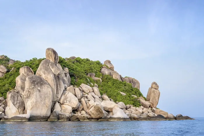 Framed Print : Beautiful nature landscape group exotic rock of Buddha Point at cape near John-Suwan viewpoint under the blue sky