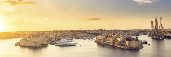 Framed Print : Beautiful panorama of Three Cities and harbour in Malta at sunrise