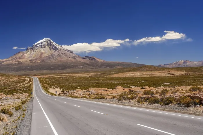 Framed Print : Beautiful road at the foot of the Nevado Sajama volcano in the National Park in Bolivia