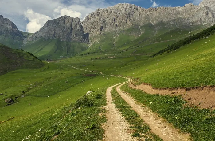 Framed Print : Beautiful summer landscape with country road in Caucasus Mountains