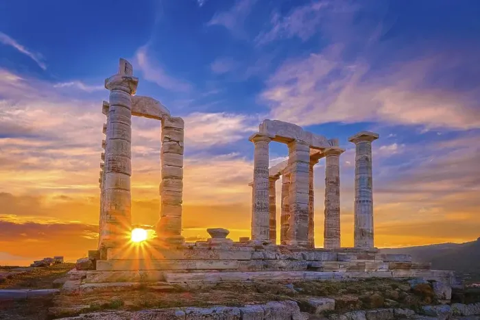 Framed Print : Beautiful sunset sky and ancient ruins of temple of Poseidon