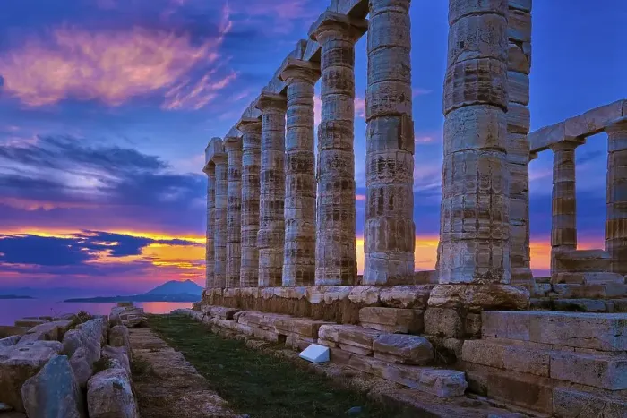 Framed Print : Beautiful sunset sky and ancient ruins of temple of Poseidon Framed Print : Beautiful sunset sky and ancient ruins of temple of Poseidon