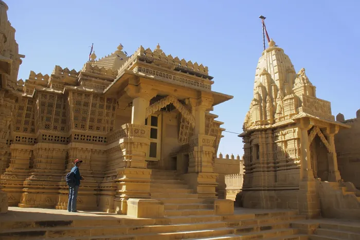 Framed Print : Beautifully carved Jain temple complex made by sandstones at Amarsagar Lake away from Jaisalmer