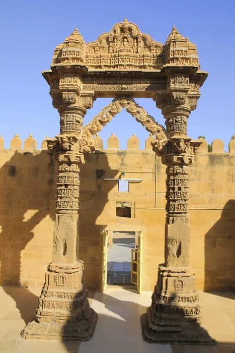 Framed Print : Beautifully carved pillars at entrance of Jain temples made by sandstones at Lodurva