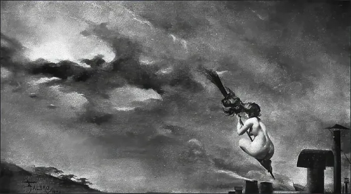 Framed Print : The belated witch flies on her broom over the roofs of the city Framed Print : The belated witch flies on her broom over the roofs of the city