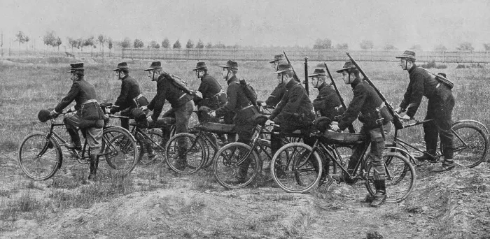 Framed Print : Belgian soldiers riding bikes in the countryside