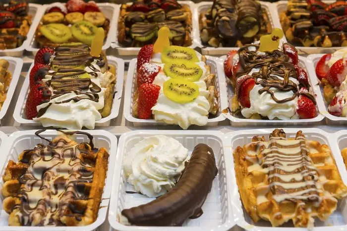 Framed Print : Belgian waffles and sweets, typical
