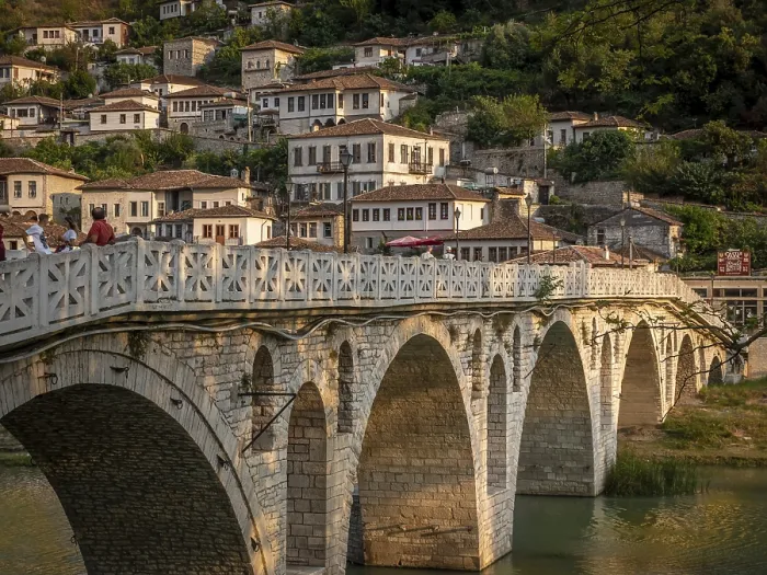 Framed Print : Berat, Albania on August 27, 2019: People standing on Gorica bridge in the town of a thousand windows Framed Print : Berat, Albania on August 27, 2019: People standing on Gorica bridge in the town of a thousand windows
