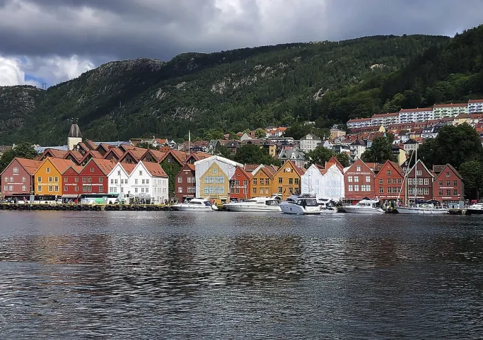 Framed Print : Bergen, Hordaland, Norway, Traditional colourful wooden houses in the Bryggen harbour district