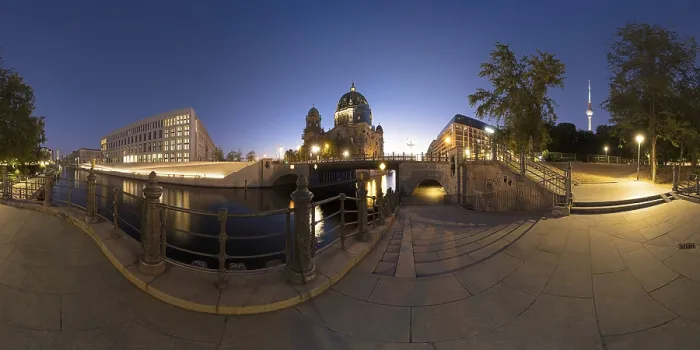 Framed Print : Berlin Cathedral, Humboldt Forum and TV Tower in 360° panoramic view at night