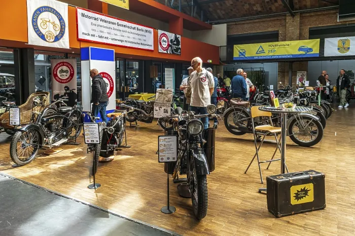 Framed Print : BERLIN - MAY 11, 2019: Various vintage motorcycles stand in a row