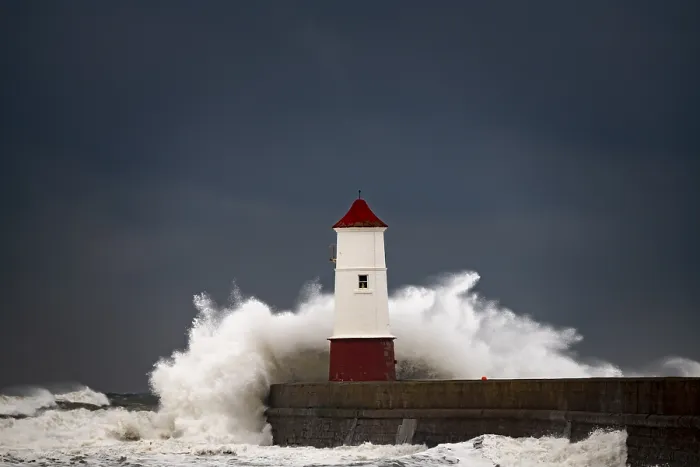 Framed Print : Berwick Lighthouse with strong surf and dark cloudy sky Framed Print : Berwick Lighthouse with strong surf and dark cloudy sky