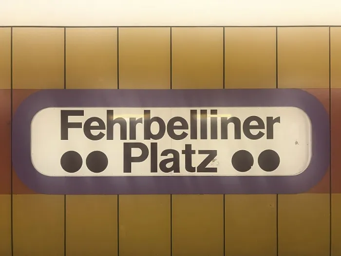 Framed Print : Beuatiful 1970s station sign at the subway station Fehrbelliner Platz in Berlin