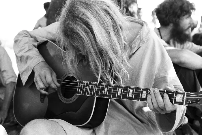 Framed Print : Bhagwan Rajneesh Osho devotee playing guitar Ambarnath Mumbai India Asia 1973