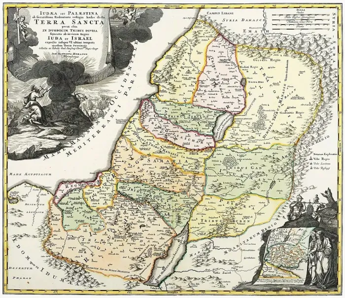 Framed Print : Biblical geography, historical map of Palestine divided among the 12 Tribes