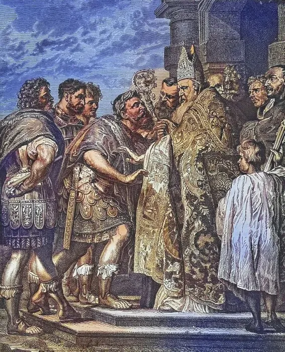 Framed Print : Biblical History, St. Ambrose imposes the ban on the Emperor Theodosius