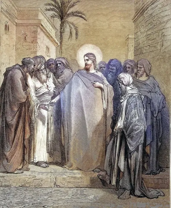 Framed Print : Biblical scene in Jerusalem, Jesus Christ gives the interest groschen Framed Print : Biblical scene in Jerusalem, Jesus Christ gives the interest groschen