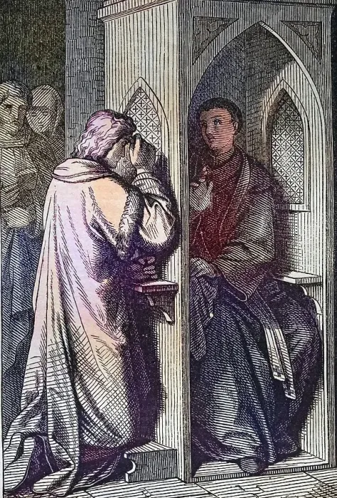 Framed Print : Biblical Story, Confession, Historical steel engraving from 1860