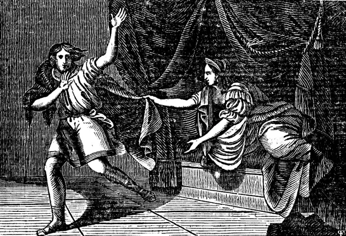 Framed Print : Biblical story of Joseph, Joseph at Pharaoh's court remains steadfast against sin, Potiphar's woman in the bedchamber, seduction, escape, Egypt, Genesis, First Book of Moses, woodcut, Christoph Schmid's Biblical History 1831