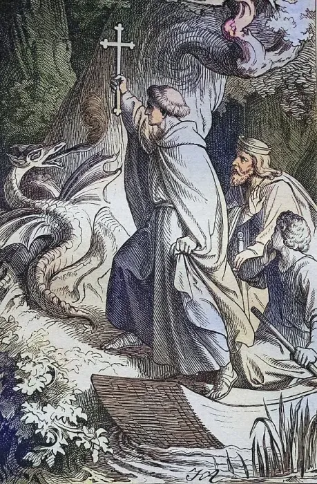 Framed Print : Biblical story, Saint Pirmin overcomes the dragon with the cross Framed Print : Biblical story, Saint Pirmin overcomes the dragon with the cross