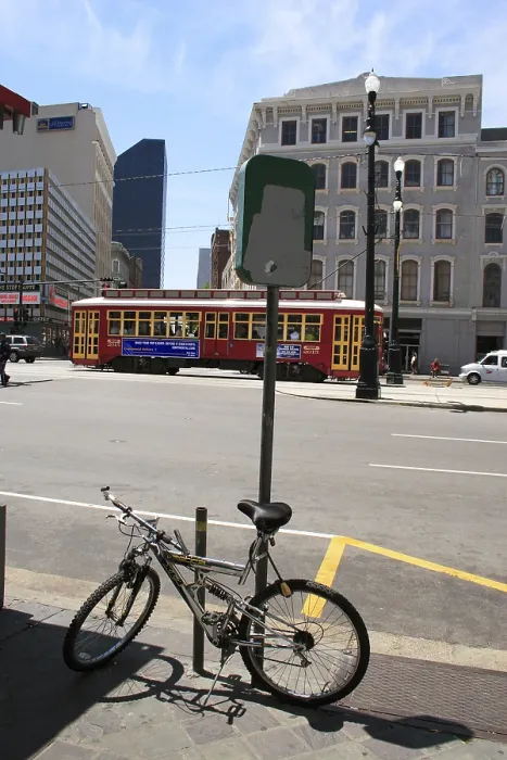 Framed Print : Bicycle and street cars, Canal street Framed Print : Bicycle and street cars, Canal street