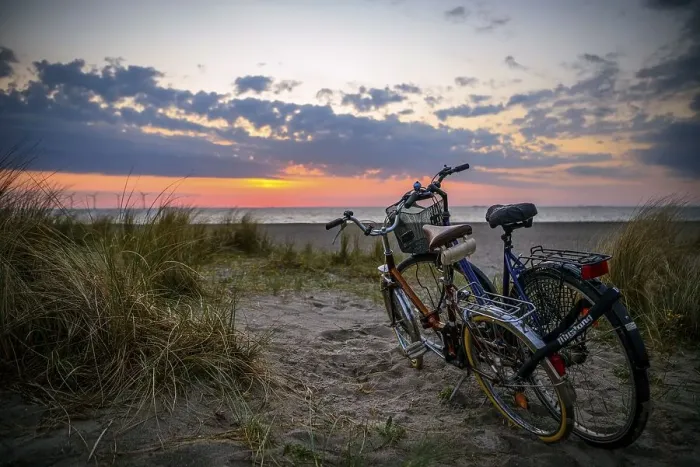 Framed Print : Bicycles parked on Amager beach at sunrise Framed Print : Bicycles parked on Amager beach at sunrise