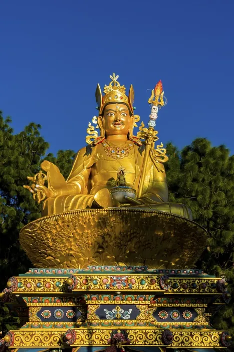 Framed Print : Big golden statue of Padmasambhava at back of Swayambhunath temple