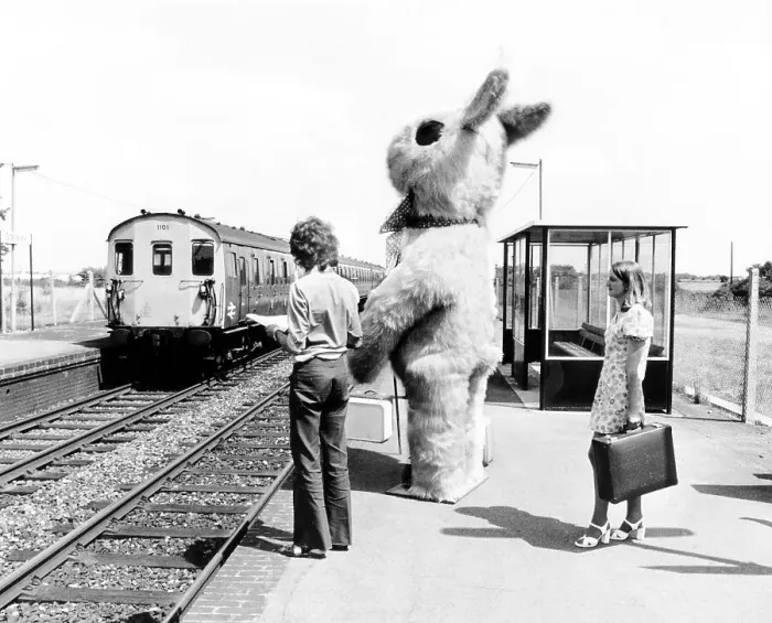 Framed Print : Big rabbit waits with passengers at the platform of a train station