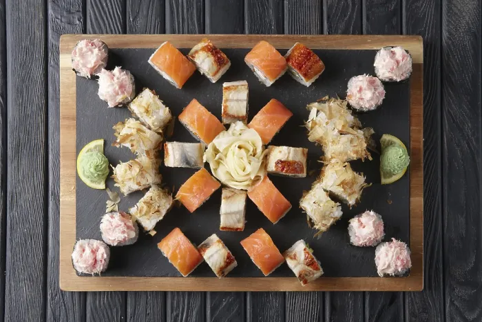 Framed Print : Big set of rolls served on stone plate