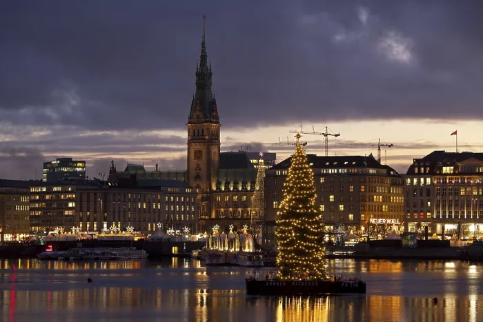 Framed Print : Binnenalster or Inner Alster Lake and City Hall at Christmas time