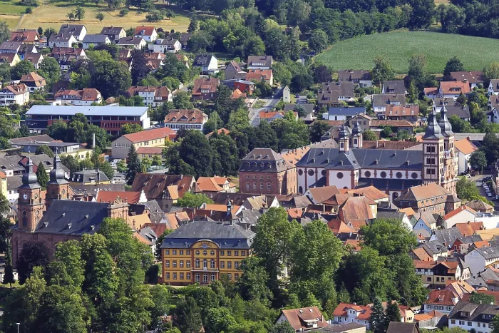 Framed Print : Bird's eye view of Amorbach with the city's distinctive historic buildings