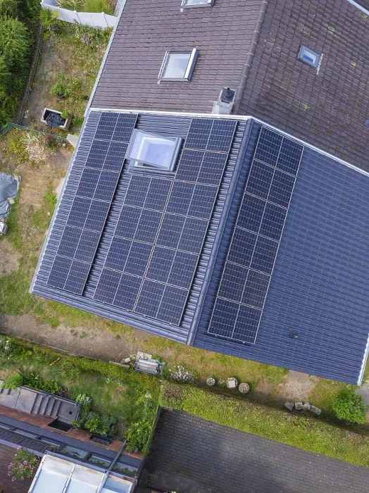 Framed Print : Bird's eye view of roof with solar panels