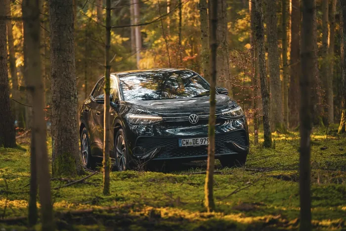 Framed Print : Black car between trees in the forest