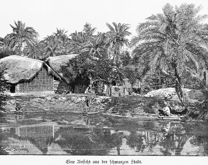 Framed Print : Black town, pond, houses, huts
